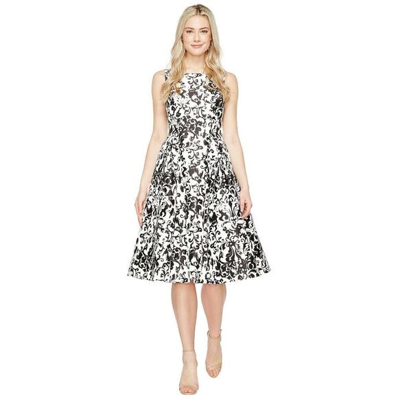 New! ADRIANNA PAPELL Women's Floral Print Fit Flare Dress Size 2 Black White - Picture 4 of 8